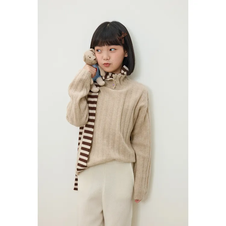女童亲子山羊绒针织条纹开叉领T25026