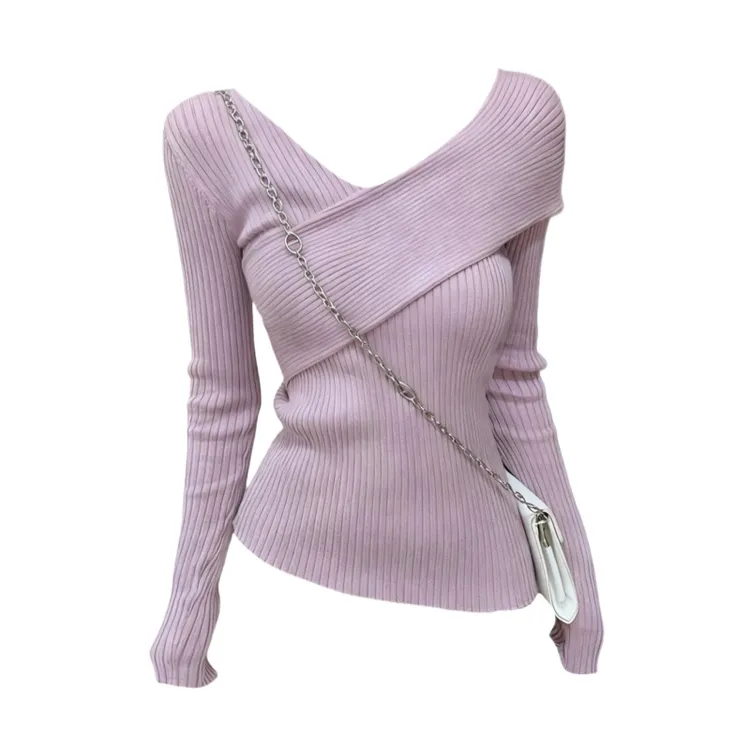 大码胖mm设计感紫色v领交叉针织衫女秋冬修身显瘦纯欲风毛衣上衣