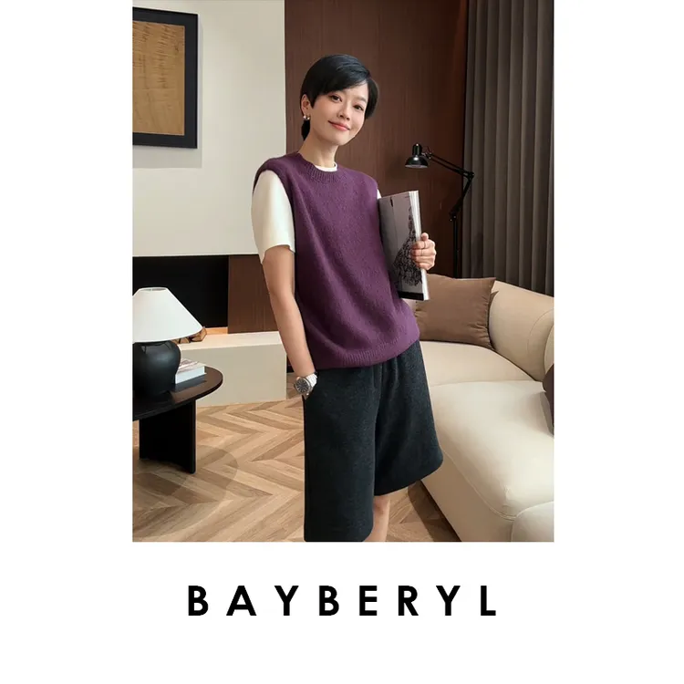 BAYBERYL老贝西梅紫*羊绒软糯圆领无袖针织背心9ZZS5I0543-9/7
