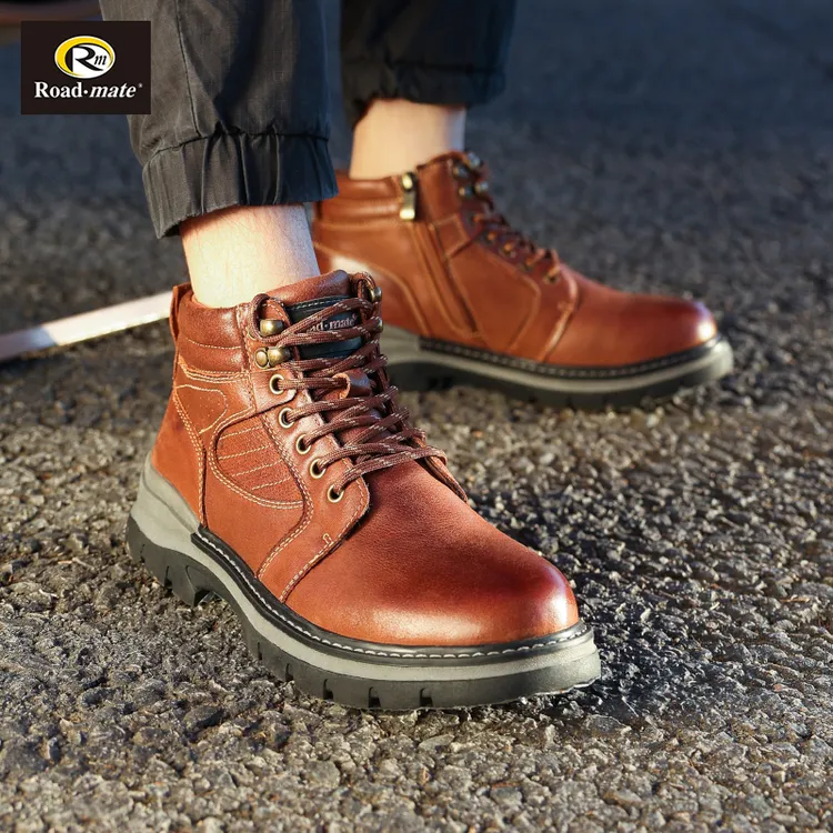 路伴男鞋新款真皮休闲鞋牛皮透气高帮工装靴男士户外鞋轻便皮鞋