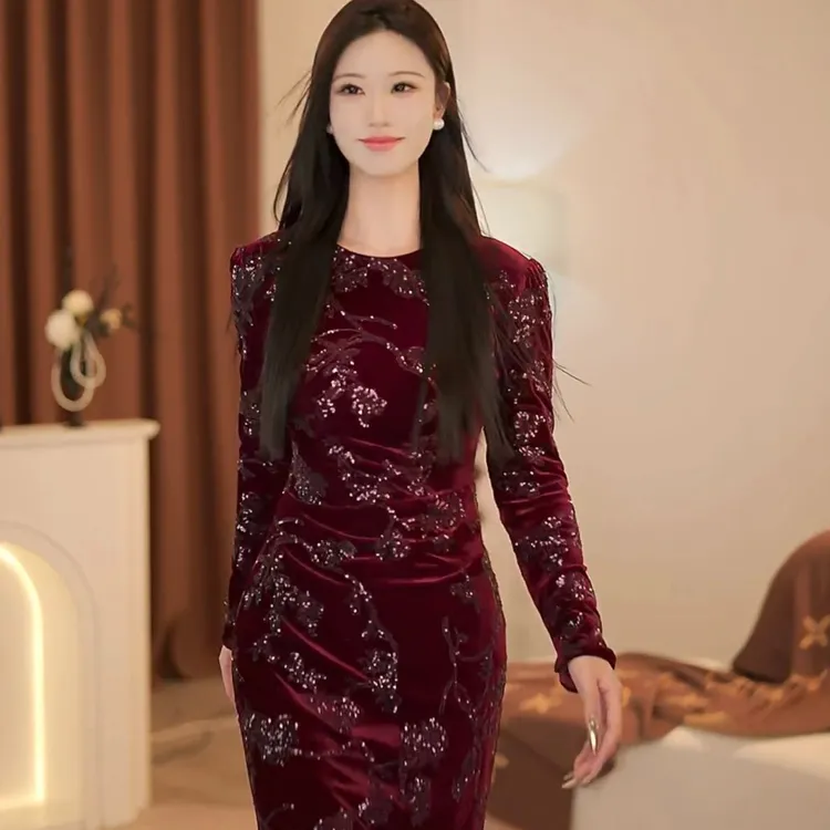 【Andrea】赤缇秋季新款法式气质收腰显瘦鱼尾连衣裙-YL11094