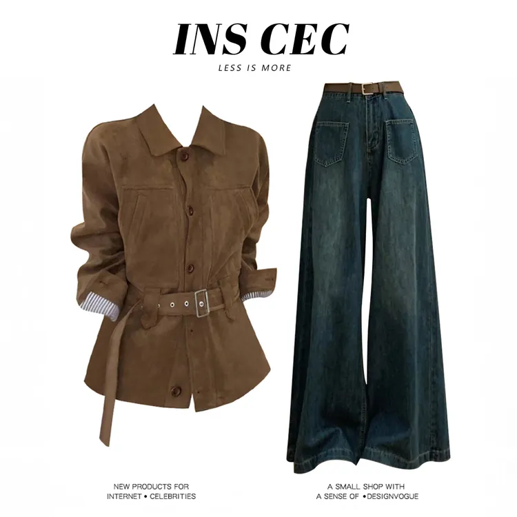 INS CEC翻领单排扣收腰绒皮显瘦开衫上衣时尚微喇牛仔裤早秋套装