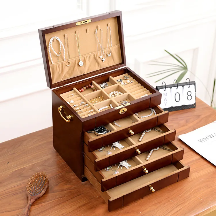 首饰盒/箱 实木首饰盒大容量带锁中式古典项链收纳盒结婚饰品盒