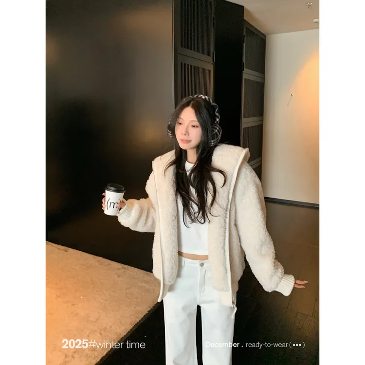 SUNONEONE 连帽宽松加厚短款毛呢外套女冬百搭长袖毛毛上衣H1720W