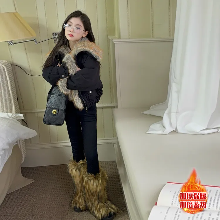 女童大翻领加绒加厚派克服棉袄2025秋冬装中大童棉衣潮范