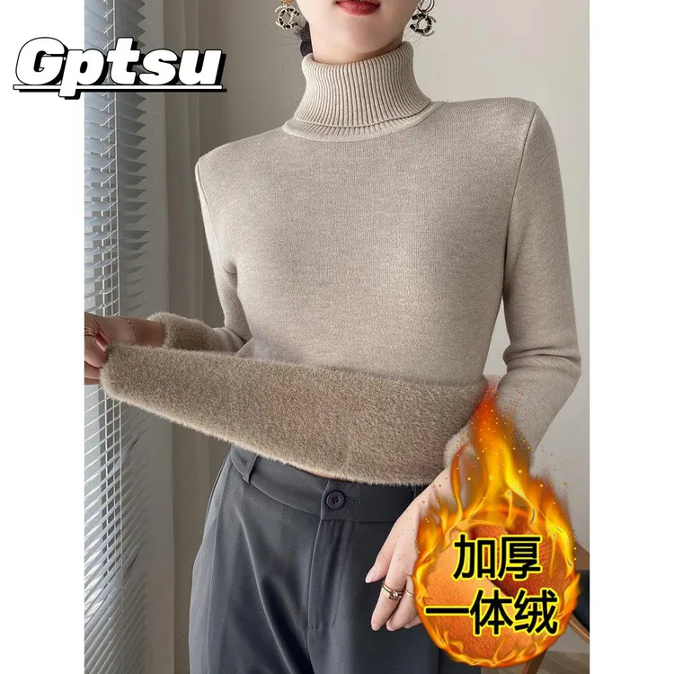 GPTSu冬季新款高领羊毛衫加厚天鹅绒修身保暖套头百搭休闲针织衫