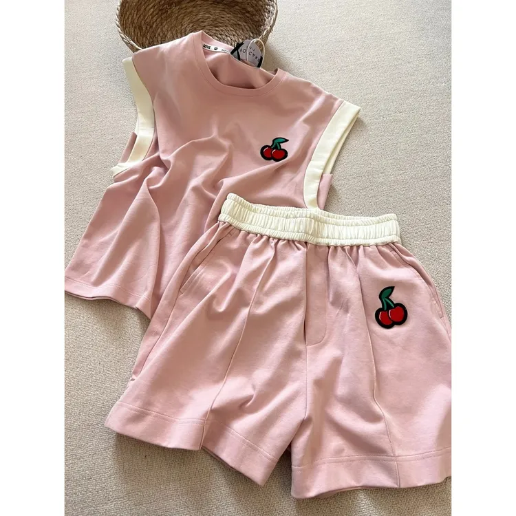 甜美可爱少女纯色樱桃背心睡衣女夏季2025新款短裤套装家居服外穿