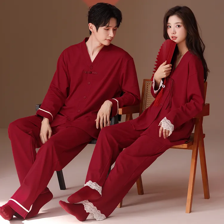 麦隆德结婚睡衣婚庆大红纯棉长袖长裤本命年时尚新婚家居服套装