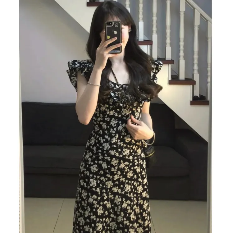 茶歇法式黑色碎花裙连衣裙女夏季2025新款高个子加长气质收腰长裙