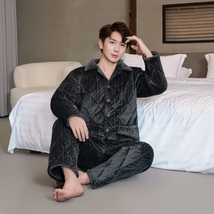 V/雅鹿【三层夹棉冰岛绒】加绒加厚外穿男士家居服秋冬新款保暖套装
