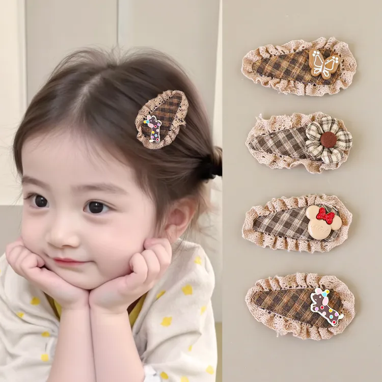 【美拉德】2025新款蕾丝奶咖色系花朵儿童发夹可爱女童刘海边夹头饰