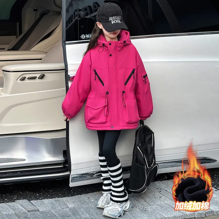 女童加绒加厚冲锋衣外套2025秋冬新款保暖棉衣儿童收腰棉服派克服
