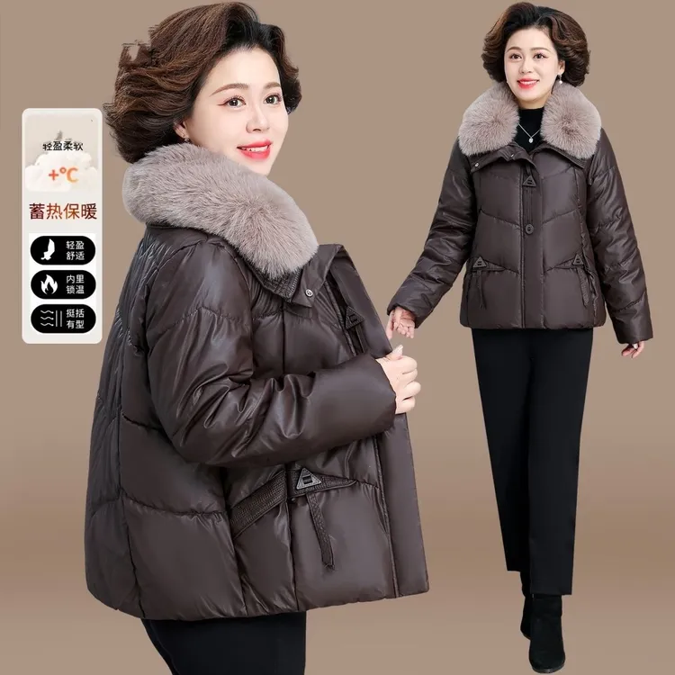 中年妈妈冬装棉服免洗皮衣外套2025新款中老年冬短款棉袄大码女款