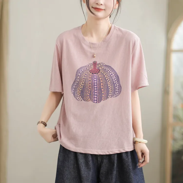 2025新款T恤女时尚百搭复古卡通印花休闲简约圆领女装上衣短袖女