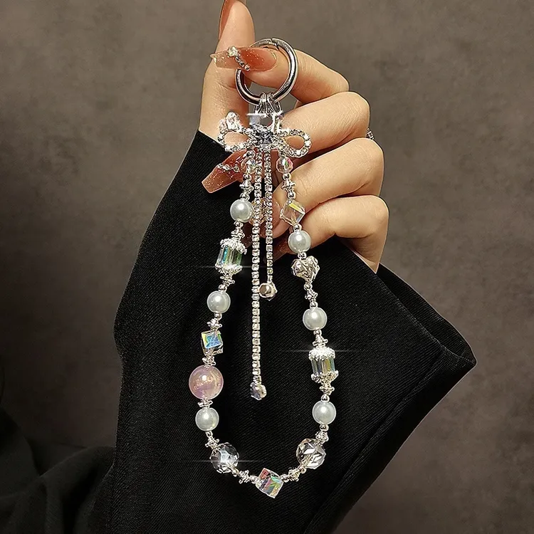 夏季款小清新水晶串珠手机链奢华闪钻蝴蝶结手机挂绳短款手提挂链