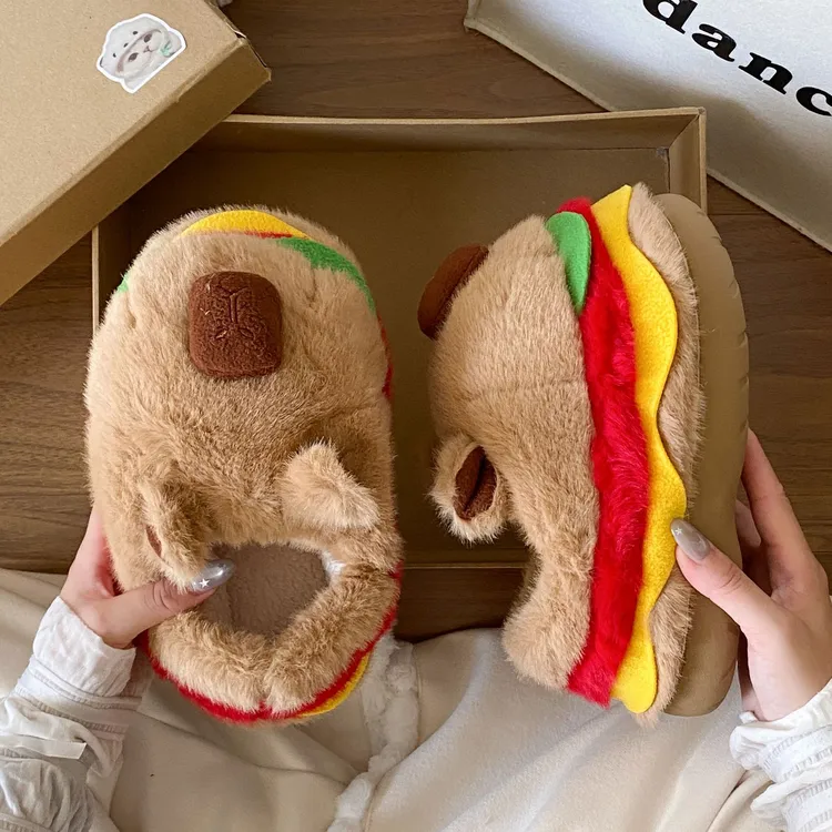 沐雷娜可爱汉堡造型亲子冬季防滑厚底包跟毛绒棉鞋适合居家外穿