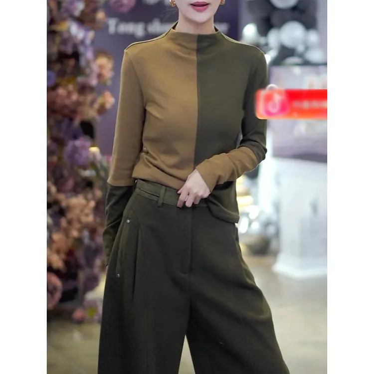 欧货拼接设计感T恤女2025秋冬新款修身显瘦圆领打底衫半高领上衣