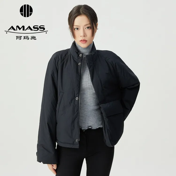 AMASS阿玛施2025新款立领纯色厚款保暖长袖大口袋黑色棉服5400851