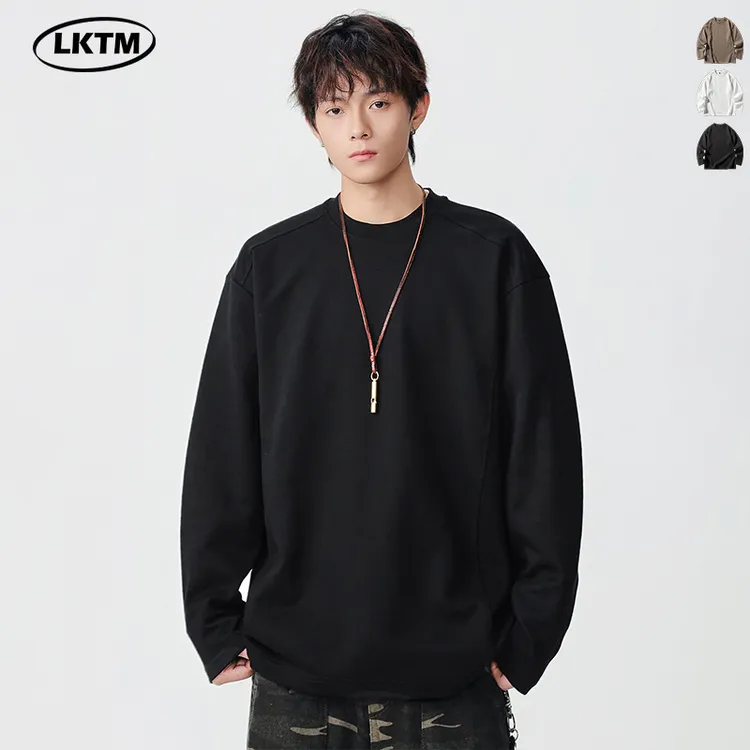 LKTM男装 美式重磅280g立体拼接长袖T恤男宽松简约纯色打底衫上衣