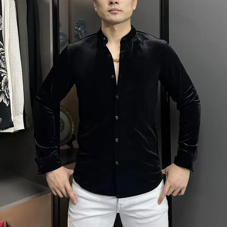 2025秋冬新款男士修身丝绒立领轻奢休闲商务黑色长袖衬衣衬衫开衫