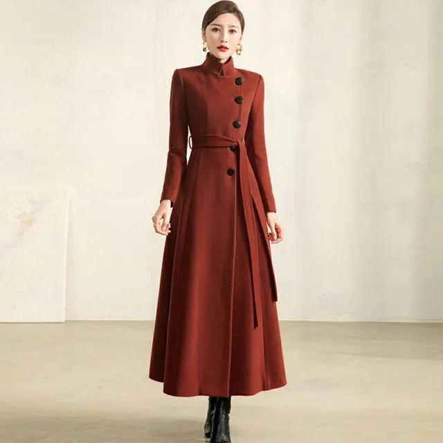 2025秋冬季新款收腰加厚修身显瘦过膝毛呢大衣女长版立领毛呢外套