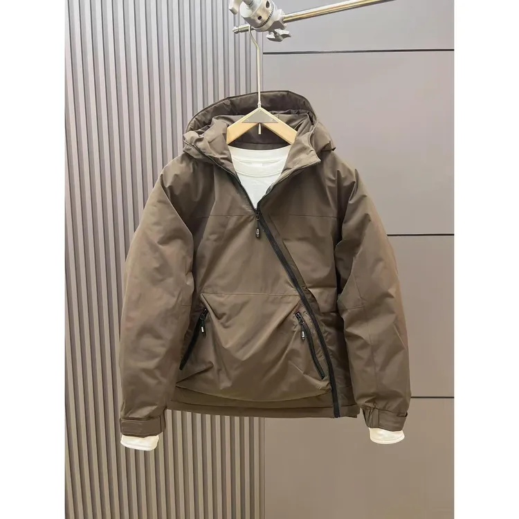 潮牌斜拉链羽绒服男士秋冬季短款百搭抗寒外套休闲工装加厚上衣服