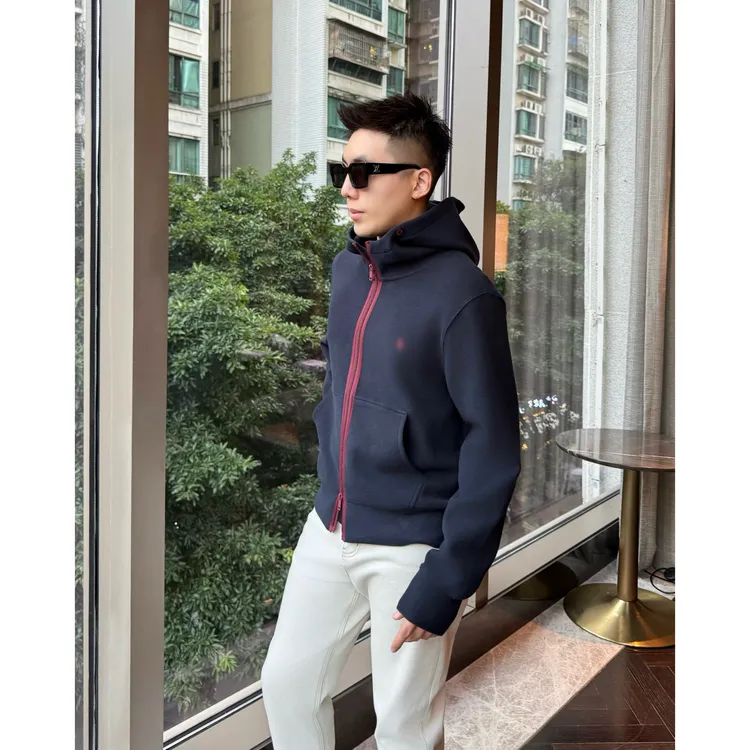 【琥珀老钱风】美利奴羊毛混纺弹力撞色拉链连帽小标夹克外套秋季