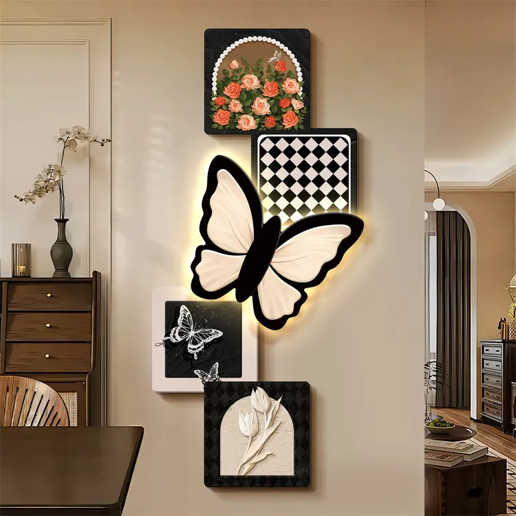 轻奢中古风装饰画入户玄关挂画立体壁画客厅走廊高级感LED灯画