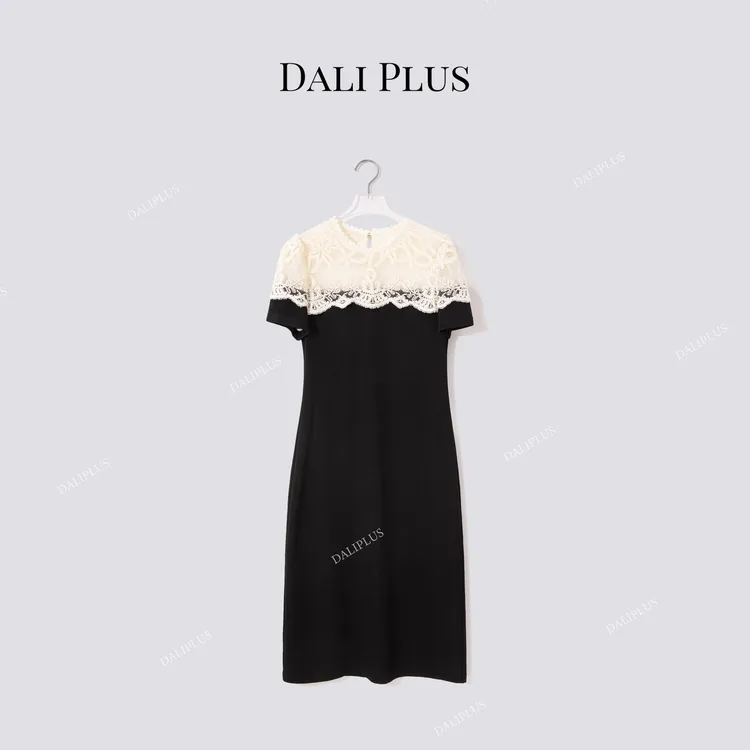 DALI PLUS“黑白高定礼服裙子”醋酸蕾丝拼接开叉连衣裙-D5ST1199