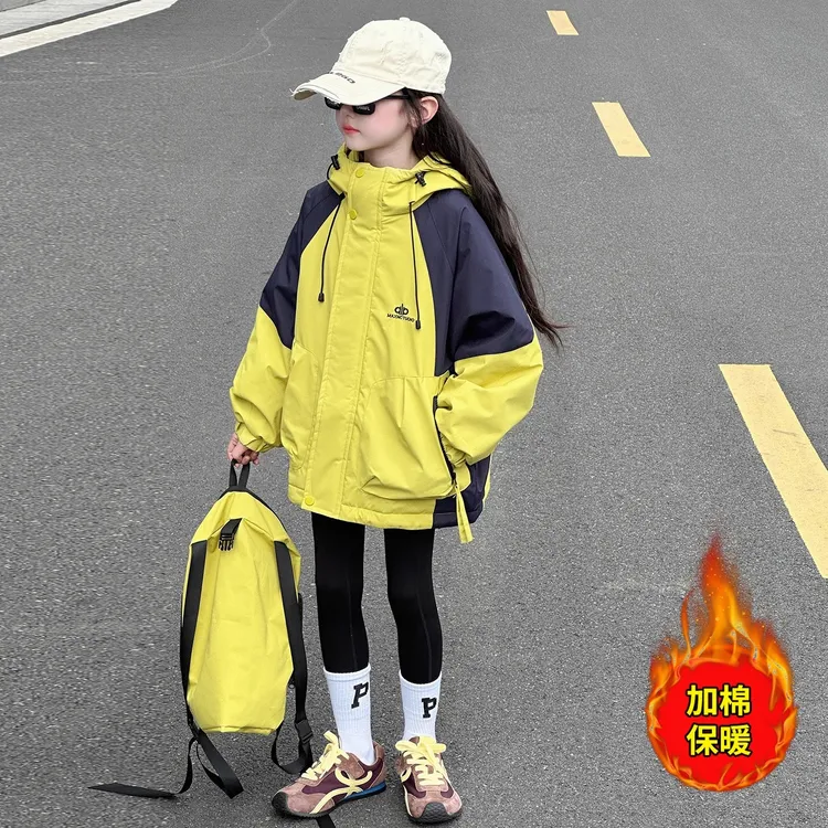 女童冲锋衣外套秋冬2025新款大童女孩夹棉外套冬季上衣儿童防风衣