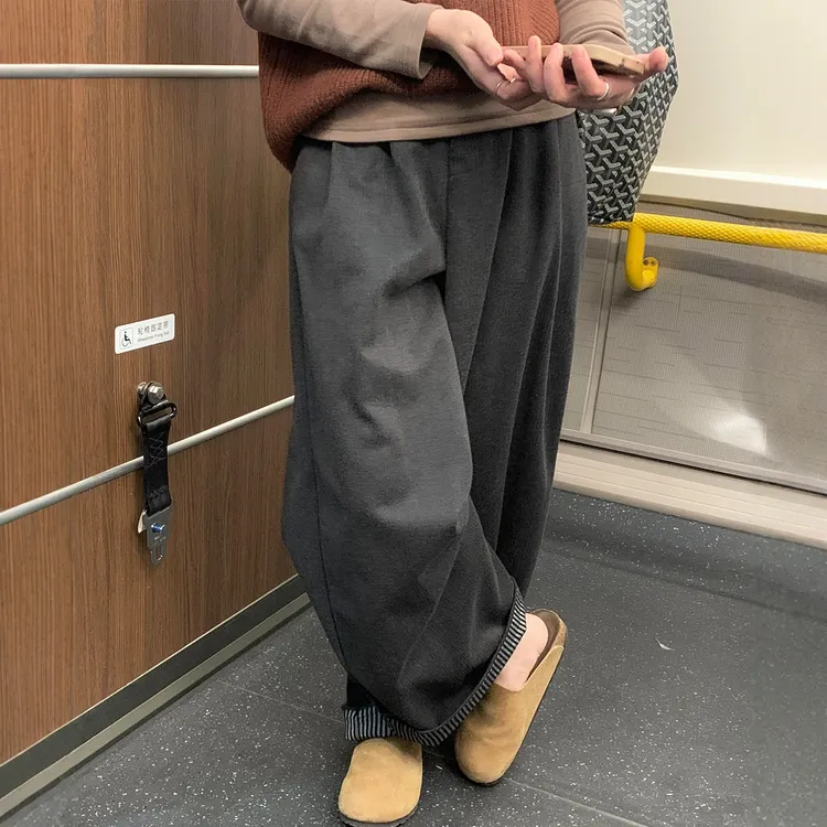毛呢卷边阔腿裤女秋冬季大码胖mm宽松显瘦遮胯慵懒风松弛感直筒裤