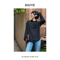 BUUYIE 25SS【苔纹】撞色拼接条纹polo领长袖T恤 250942