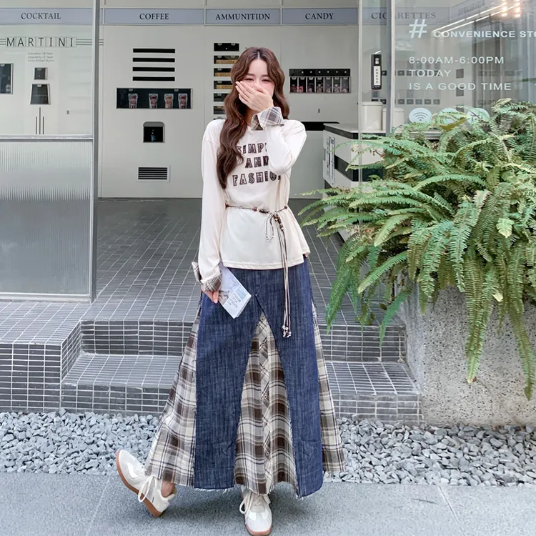 美式复古做旧牛仔拼接半裙T恤2025春秋新款甜酷氛围感慵懒风套装