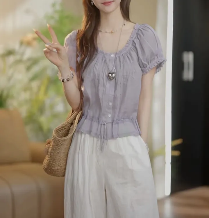 法式慵懒风泡泡袖衬衫女2025夏季新款甜美减龄小清新气质上衣小衫