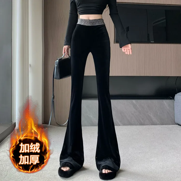 黑色丝绒微喇裤女秋冬设计感烫钻高腰显瘦修身垂感休闲拖地长裤潮