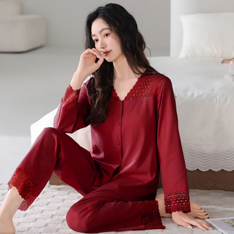 睡衣女款爆款2025新款套装纯棉春秋女士大码红色酒红本命年家居服