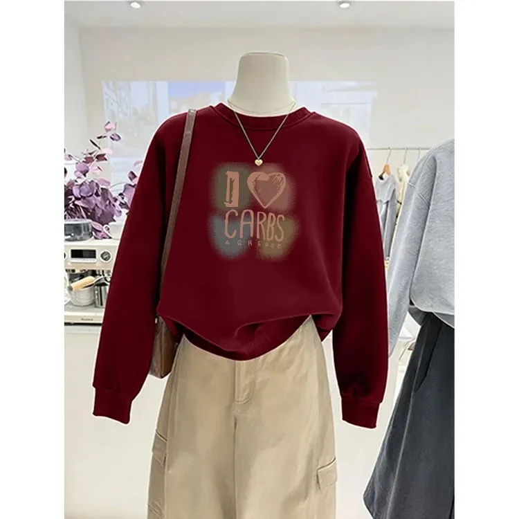 多巴胺圆领套头打底衫加绒加厚卫衣女2026春秋季新款宽松韩版外套