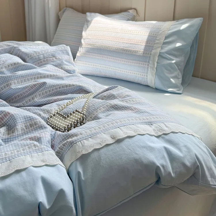 韩系田园风花边床上被套四件套100%全棉纯棉床单被罩四季通用床品