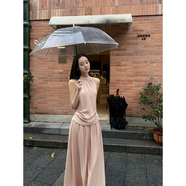 溪溪靓衫 雾粉淡人天菜 高领收褶半身裙套装高级感气质显瘦两件套