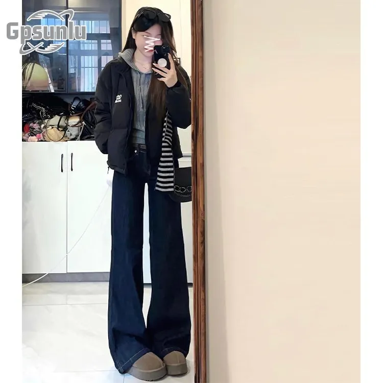 gpsunlu美式丹宁色深蓝低腰微喇牛仔裤女宽松阔腿拖地直筒喇叭裤