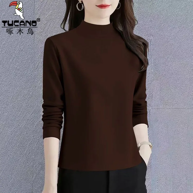 啄木鸟双面德绒半高领打底衫女秋冬宽松纯色时尚印花加厚保暖内搭