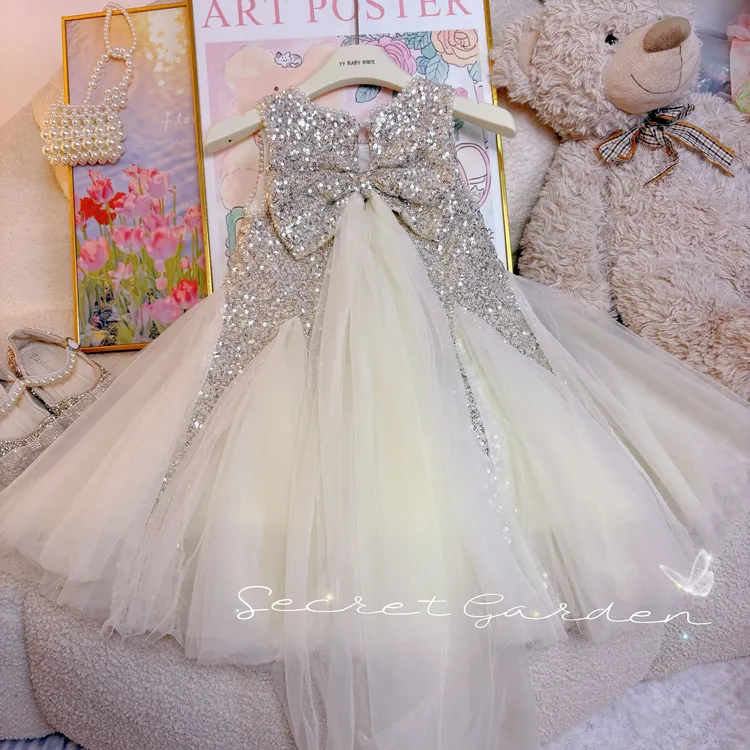 亮片舒适裙公主风蓬蓬裙女夏季白色连衣裙洋气宝宝风走秀童连衣裙