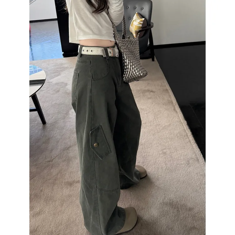 复古灰绿色做旧工装阔腿裤女秋季新款高腰直筒休闲宽松百搭裤子