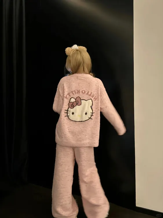 甜美可爱少女粉嫩减龄凯蒂猫半边绒睡衣女冬季毛绒保暖加厚两件套