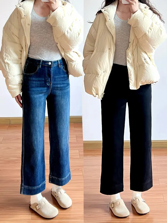 弹力窄版法棍裤女冬季四面弹加绒加厚牛仔裤梨型身材小个子裤子