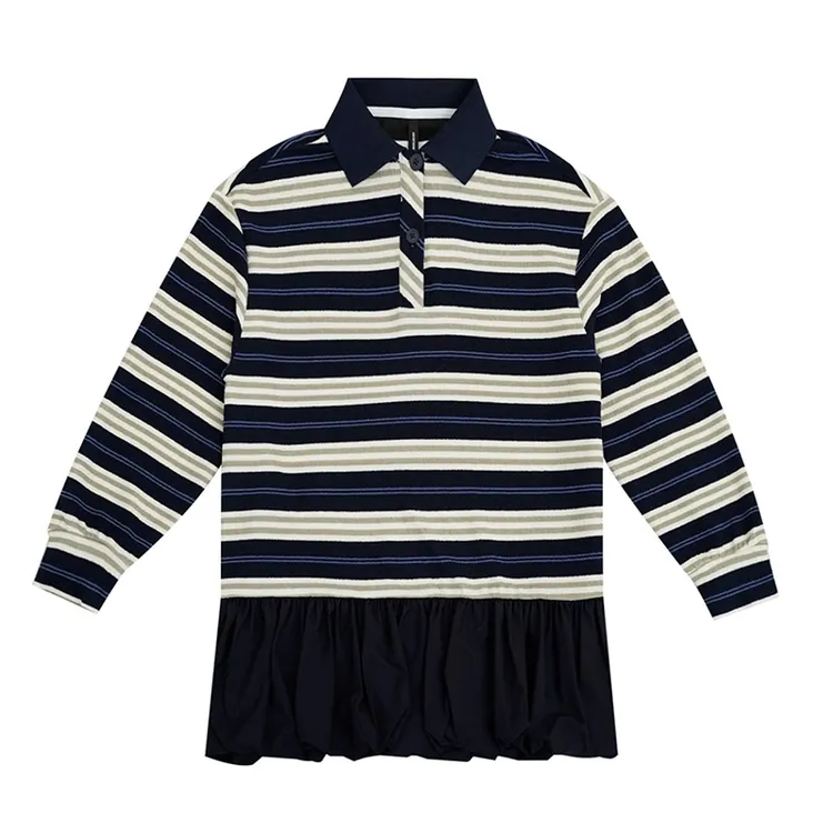时尚休闲百搭宽松复古设计感POLO领加条纹衣裙秋季新款