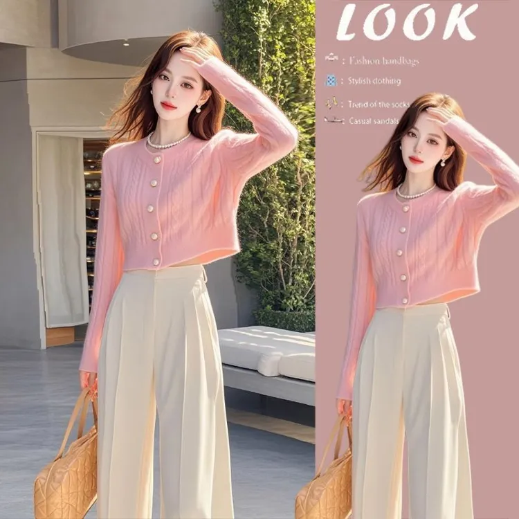 2025秋季穿搭一整套女新款韩版减龄百搭长袖针织上衣休闲裤两件套