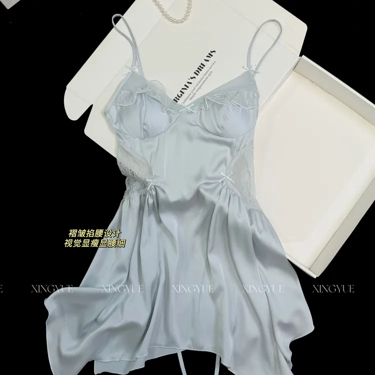 鳞汐法式性感蕾丝吊带睡裙女士带胸垫夏季冰丝薄款修身不规则睡衣