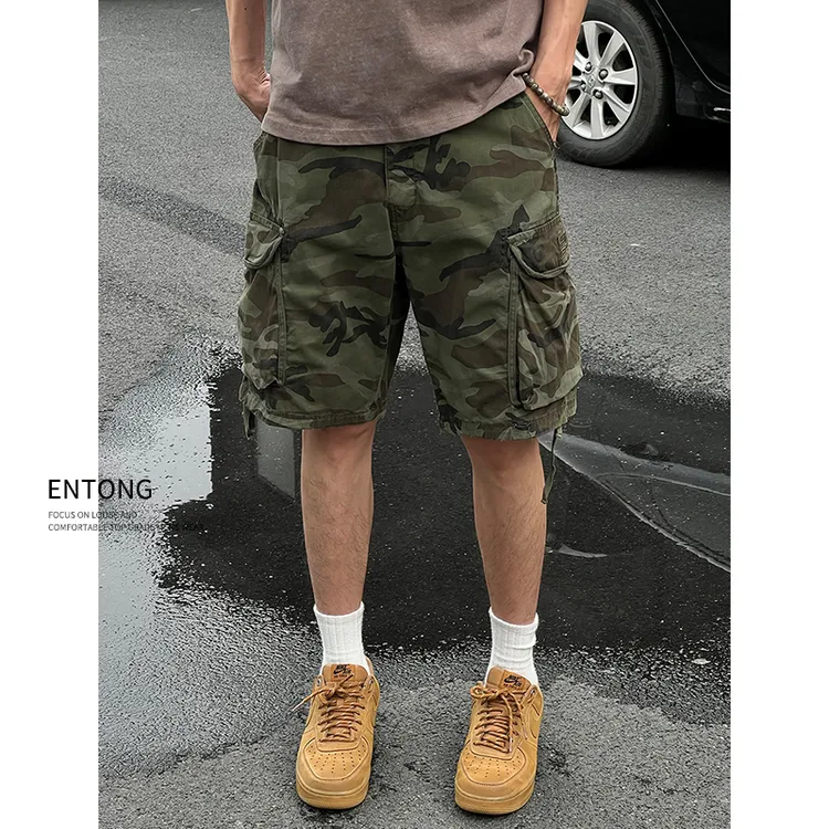 Entong日系街头复古迷彩多口袋宽松夏季五分工装短裤男生休闲裤子
