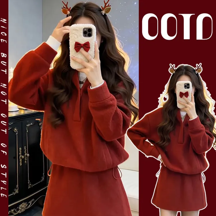 超火秋冬一整套2025新款时尚圣诞宽松慵懒风卫衣高腰短裙两件套装